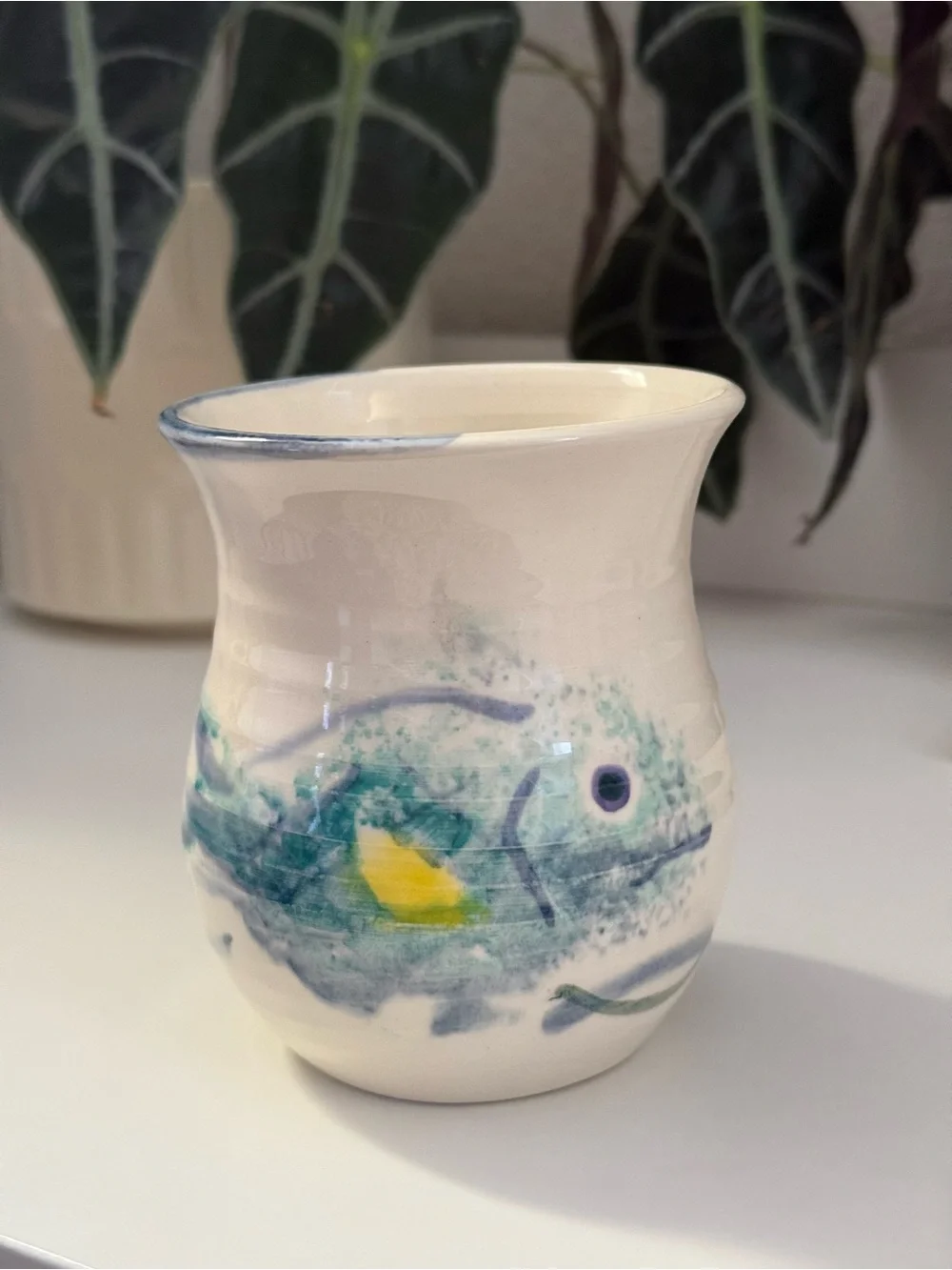 Hand-Painted Studio Pottery Fish Vase in Cream and Blue